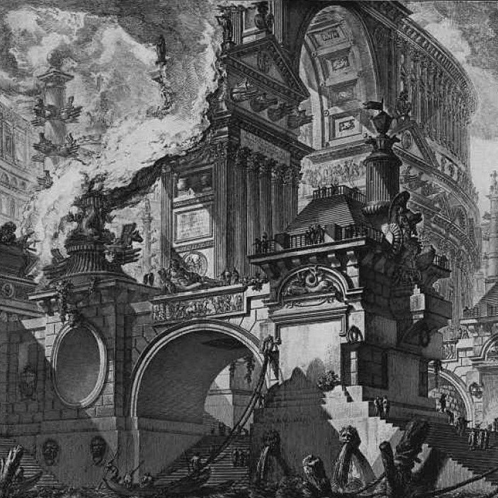An architectural fantasy by Piranesi showing ruins of ancient Rome.