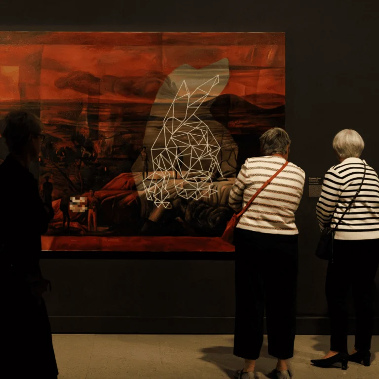 People in a gallery looking at a painting by Christopher Pease.